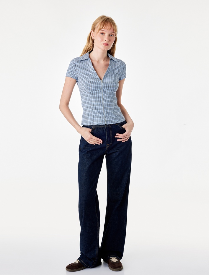  Fermuar Detaylı V Yaka Kısa Kollu Slim Fit Kareli Gömlek