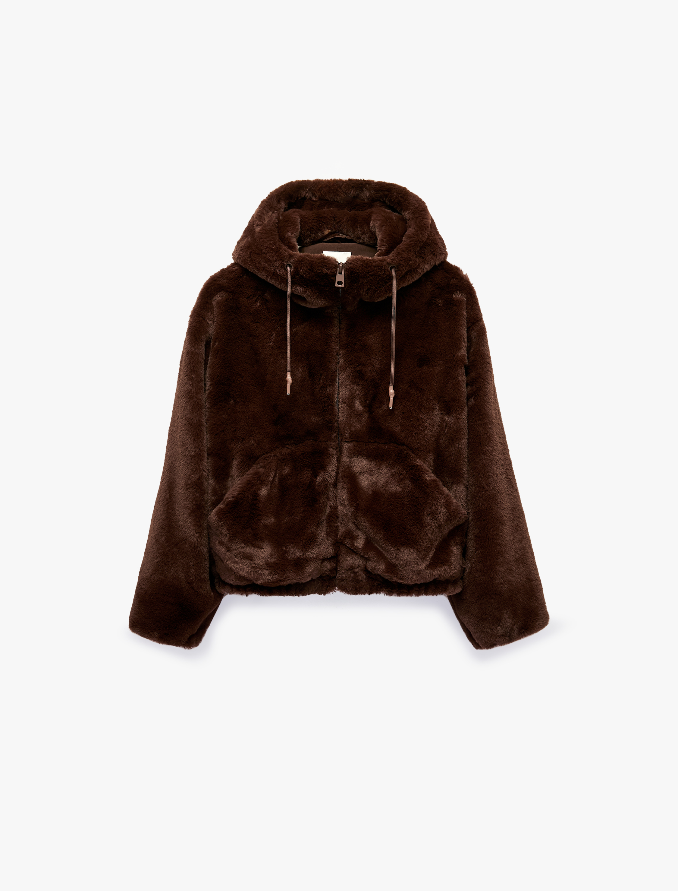   Fermuarlı Cepli Kapüşonlu Crop Peluş Ceket