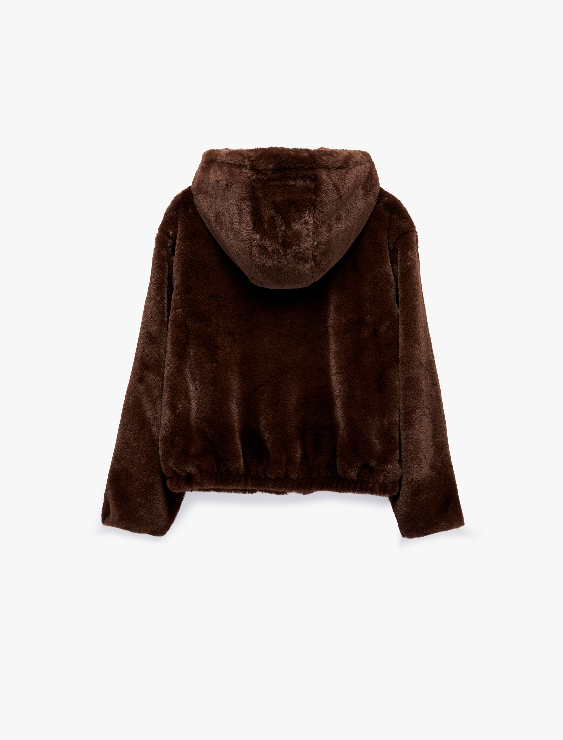   Fermuarlı Cepli Kapüşonlu Crop Peluş Ceket