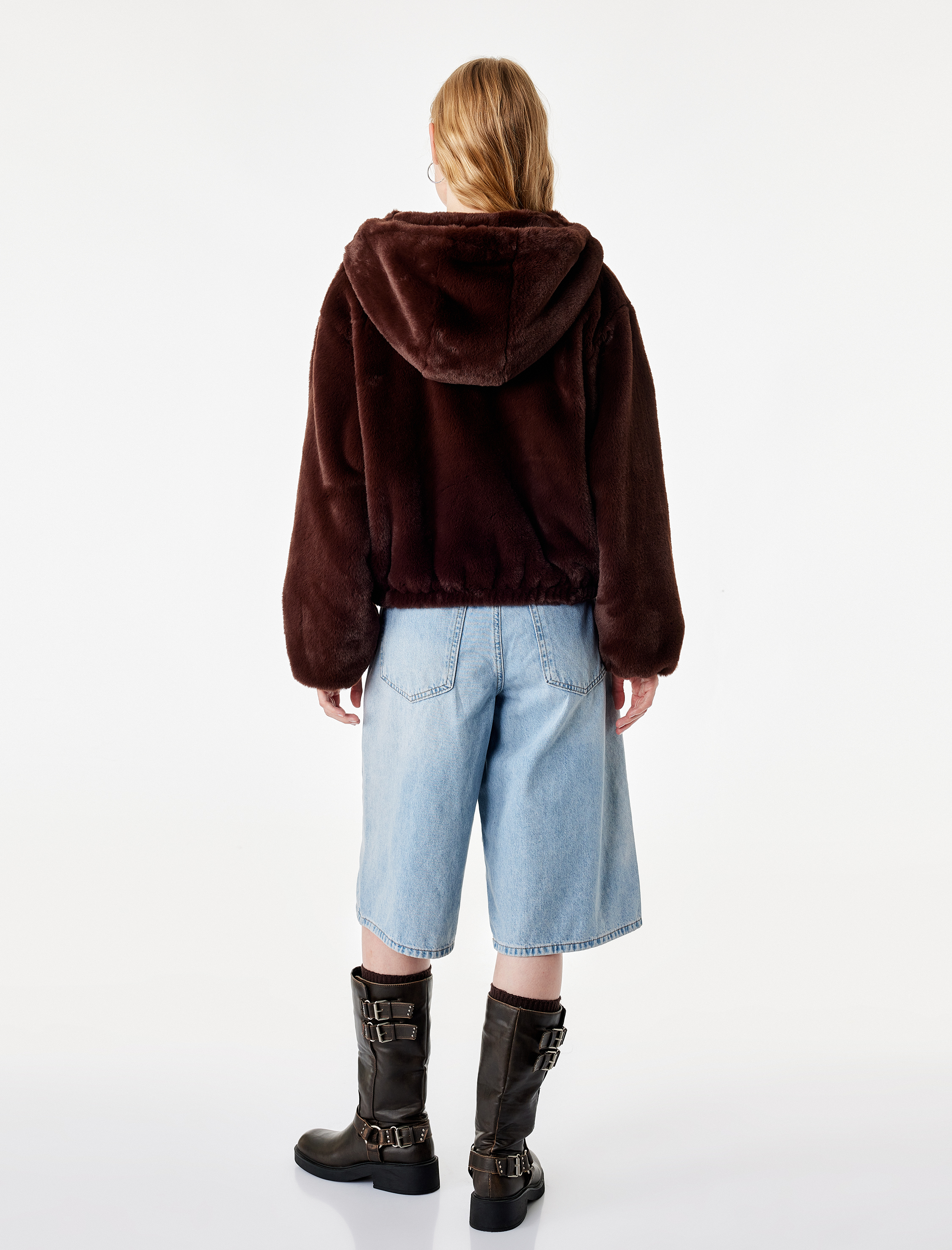   Fermuarlı Cepli Kapüşonlu Crop Peluş Ceket