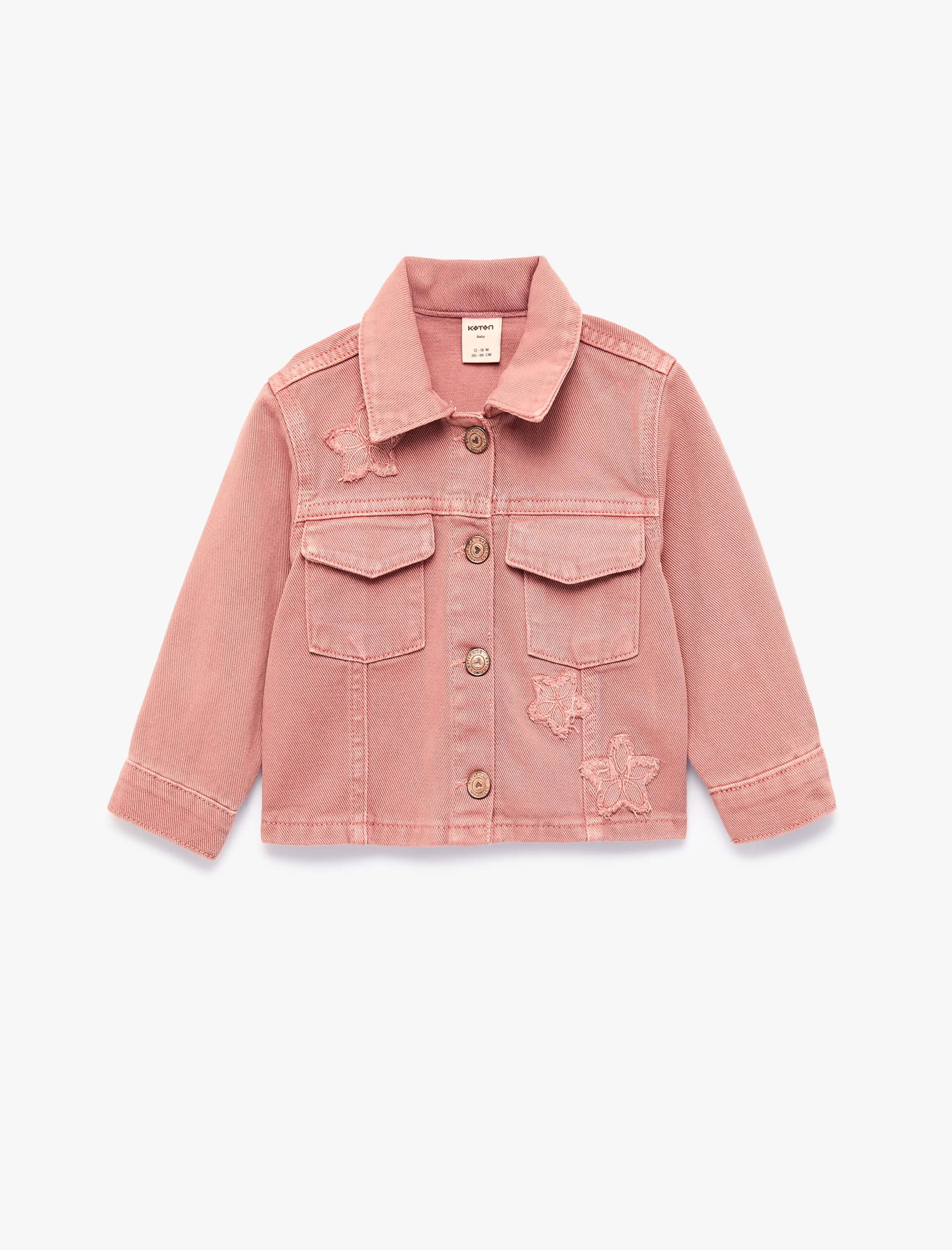  Kız Bebek Yıldız Detaylı Pamuklu Kapaklı Cepli Uzun Kollu Denim Ceket