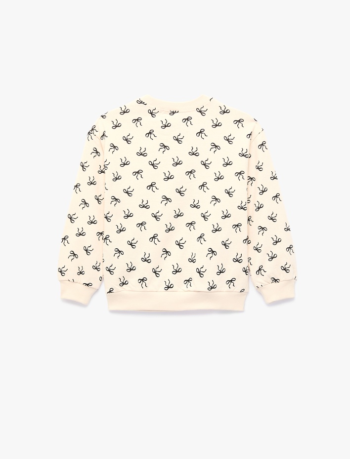 Kız Bebek Pamuklu Uzun Kollu Bisiklet Yaka Baskılı Şardonlu Fiyonklu Sweatshirt