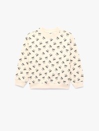 Pamuklu Uzun Kollu Bisiklet Yaka Baskılı Şardonlu Fiyonklu Sweatshirt