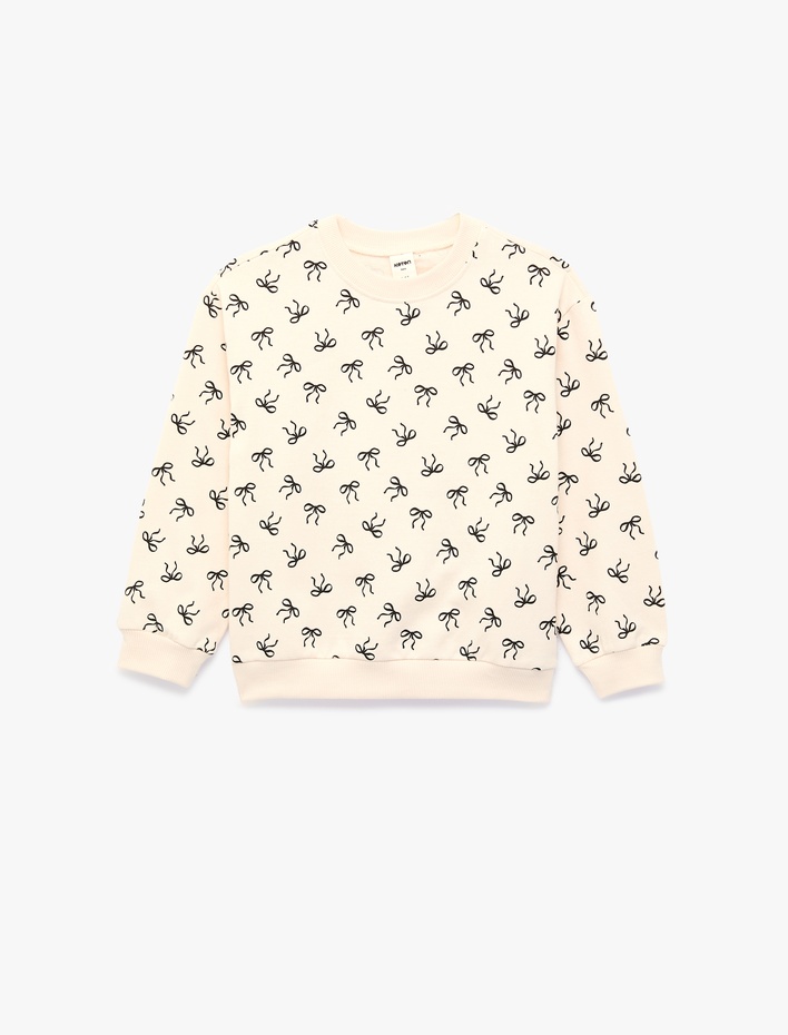 Kız Bebek Pamuklu Uzun Kollu Bisiklet Yaka Baskılı Şardonlu Fiyonklu Sweatshirt