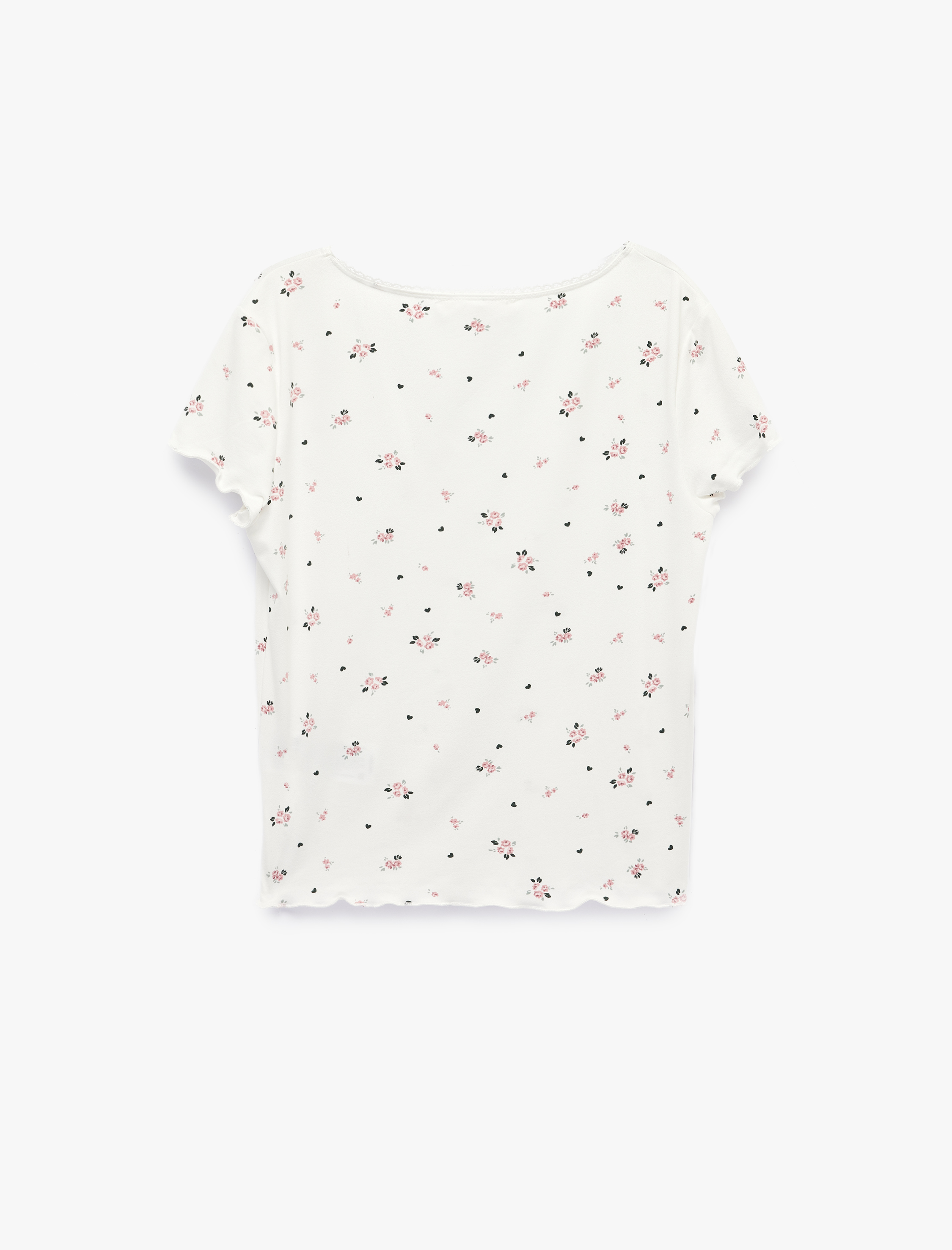   Çiçek Desenli Rahat Kalıp Kısa Kollu Dantel Detaylı Şortlu Pijama Takımı
