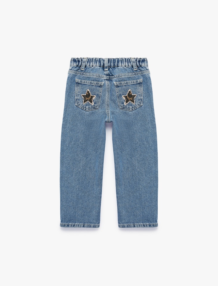 Kız Bebek Yıldız Detaylı Pamuklu Cepli Loose Fit Denim Pantolon