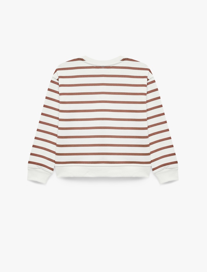 Kız Çocuk Uzun Kollu Bisiklet Yaka Baskı Detaylı Çizgili Sweatshirt