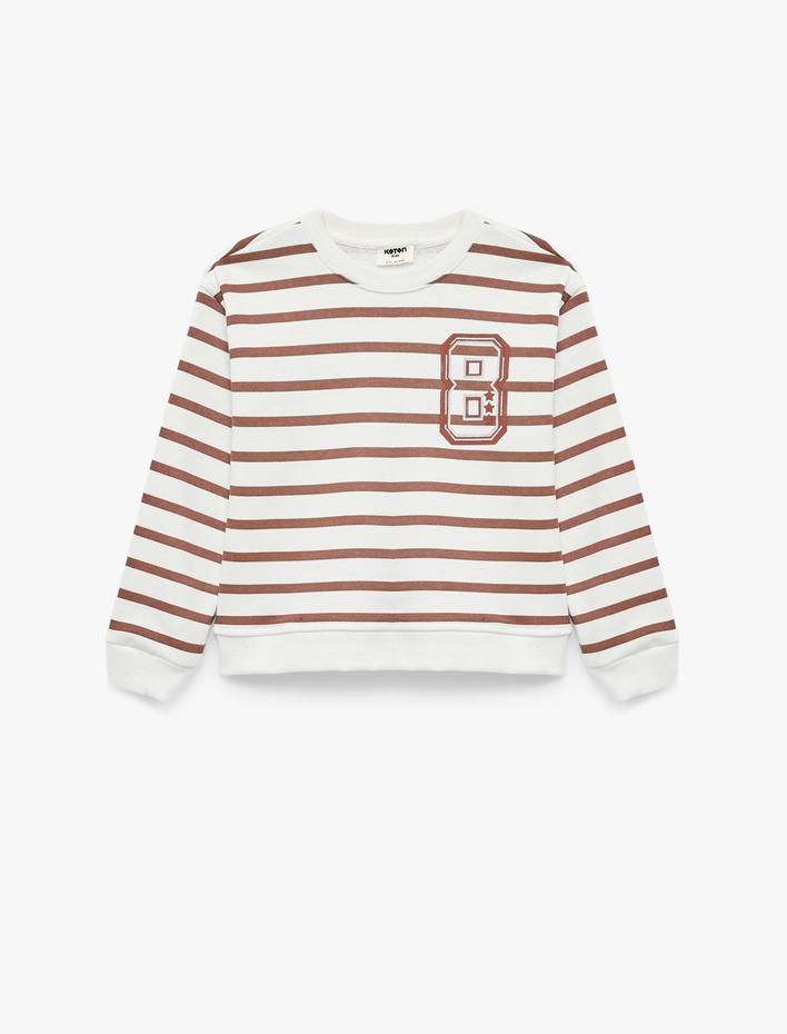 Kız Çocuk Uzun Kollu Bisiklet Yaka Baskı Detaylı Çizgili Sweatshirt