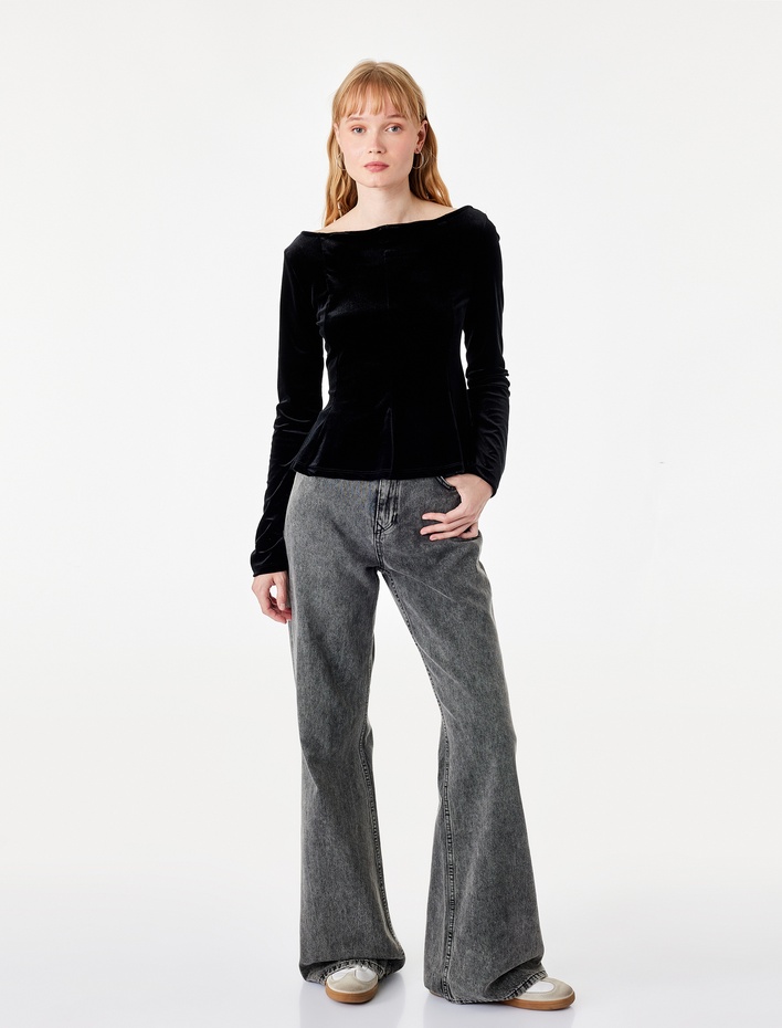  Kadife Slim Fit Kayık Yaka Uzun Kollu Tişört