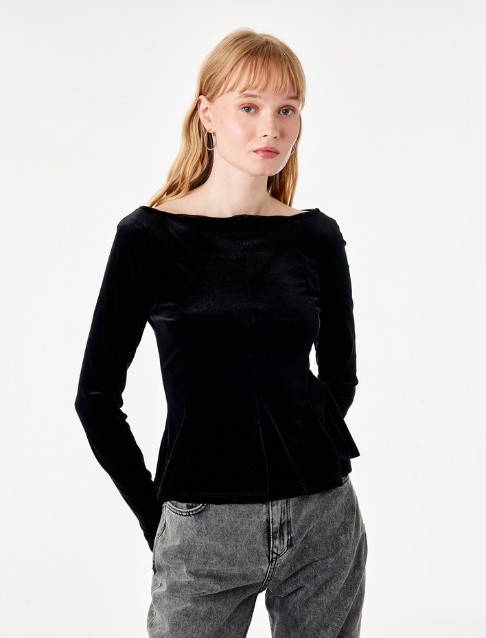  Kadife Slim Fit Kayık Yaka Uzun Kollu Tişört