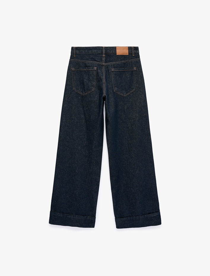  Pamuklu Cepli Düğmeli Geniş Paça Denim Pantolon -  Wide Leg Jeans