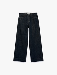 Pamuklu Cepli Düğmeli Geniş Paça Denim Pantolon -  Wide Leg Jeans