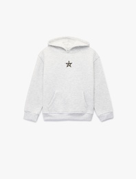 Yıldız Detaylı Şardonlu Kanguru Cepli Uzun Kollu Kapşonlu Sweatshirt