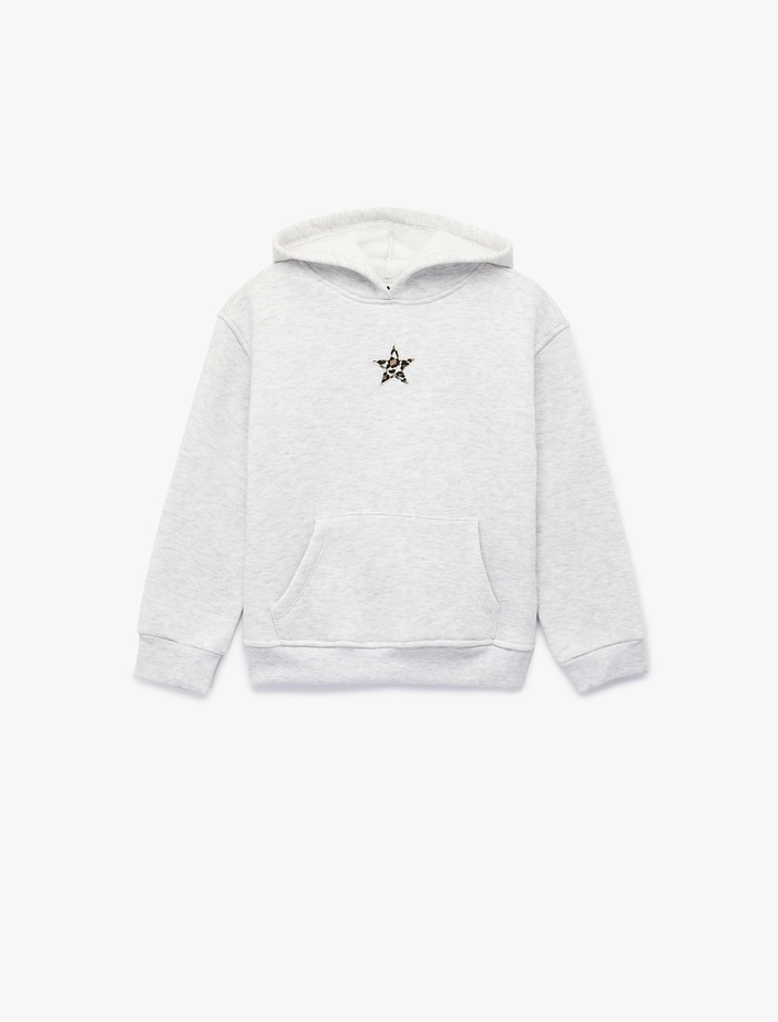 Kız Çocuk Yıldız Detaylı Şardonlu Kanguru Cepli Uzun Kollu Kapşonlu Sweatshirt