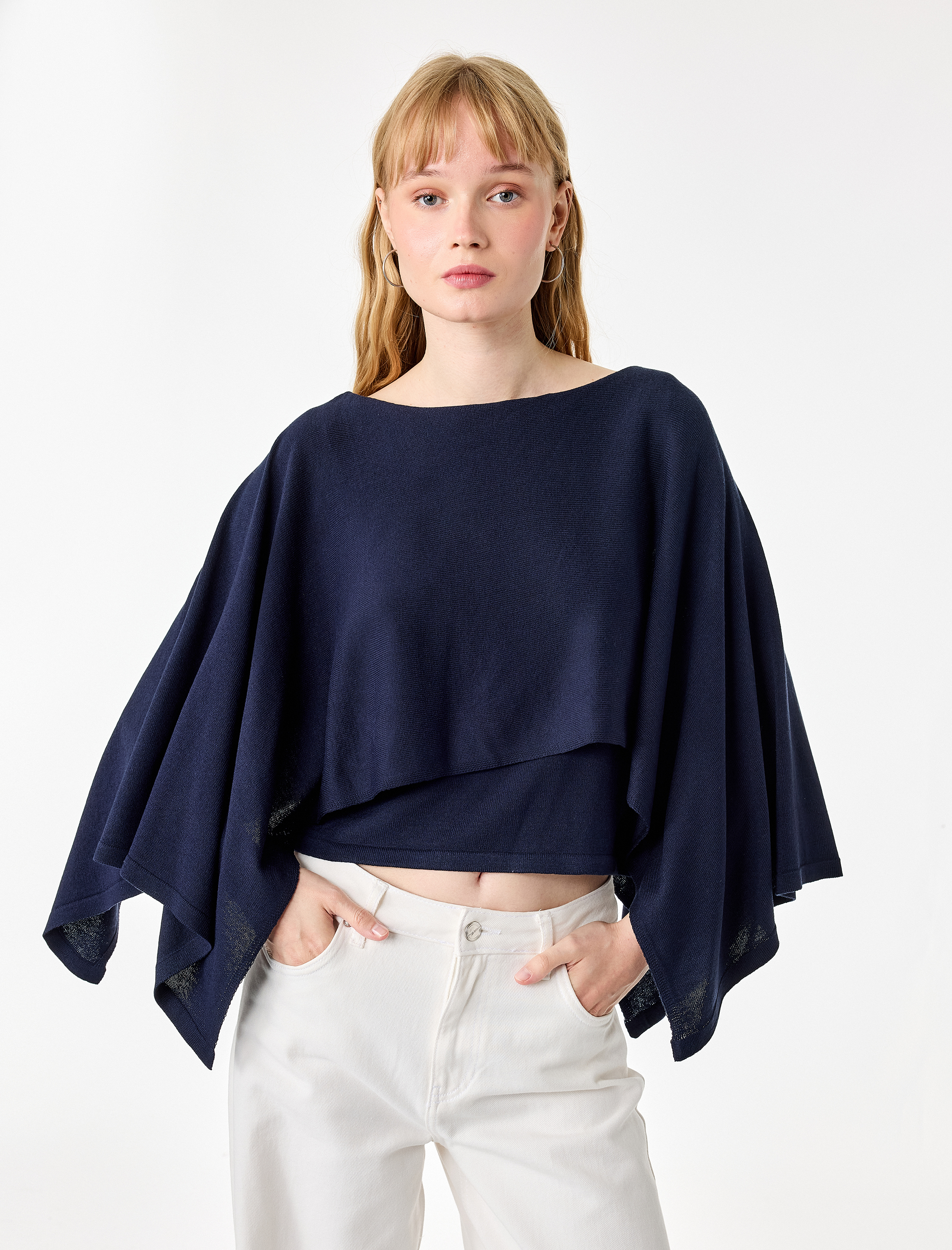   Kayık Yaka 3/4 Yarasa Kol Crop Triko Kazak