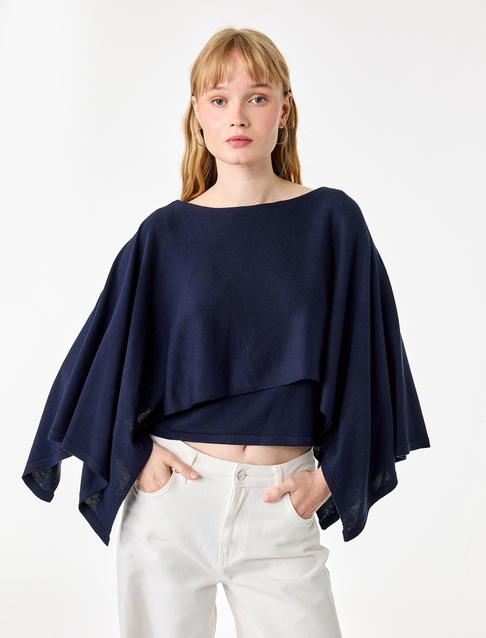  Kayık Yaka 3/4 Yarasa Kol Crop Triko Kazak