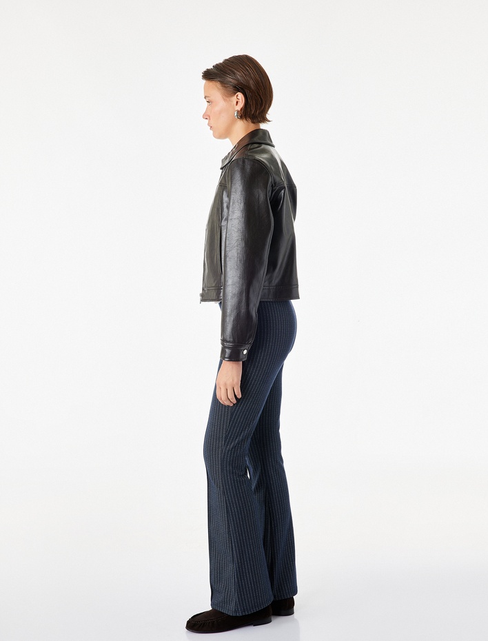  Slim Fit Çizgili İspanyol Paça Pantolon