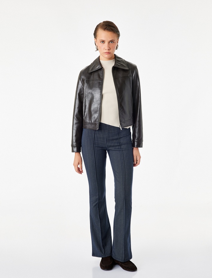  Slim Fit Çizgili İspanyol Paça Pantolon
