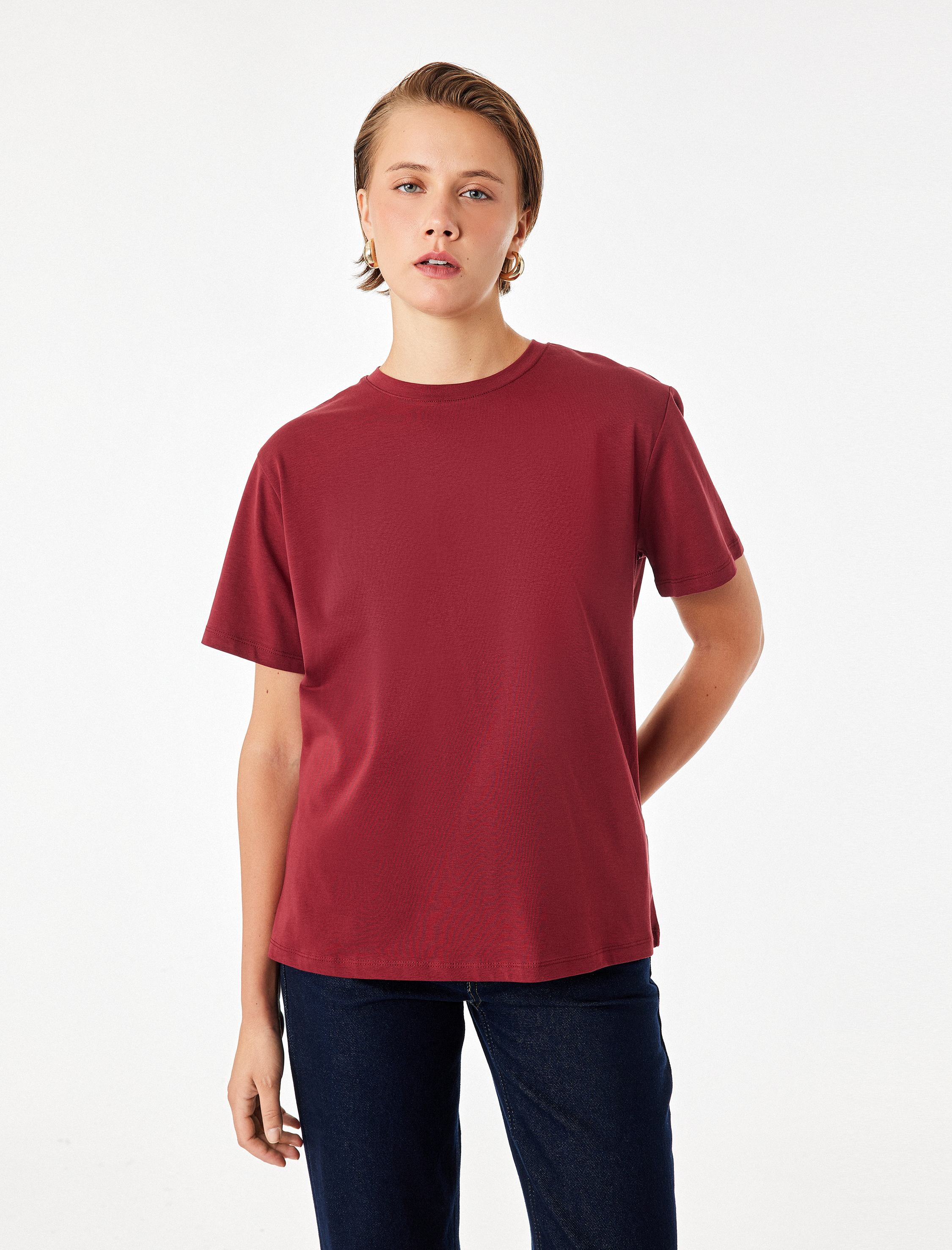   Pamuklu Kısa Kollu Bisiklet Yaka Oversize Basic Tişört