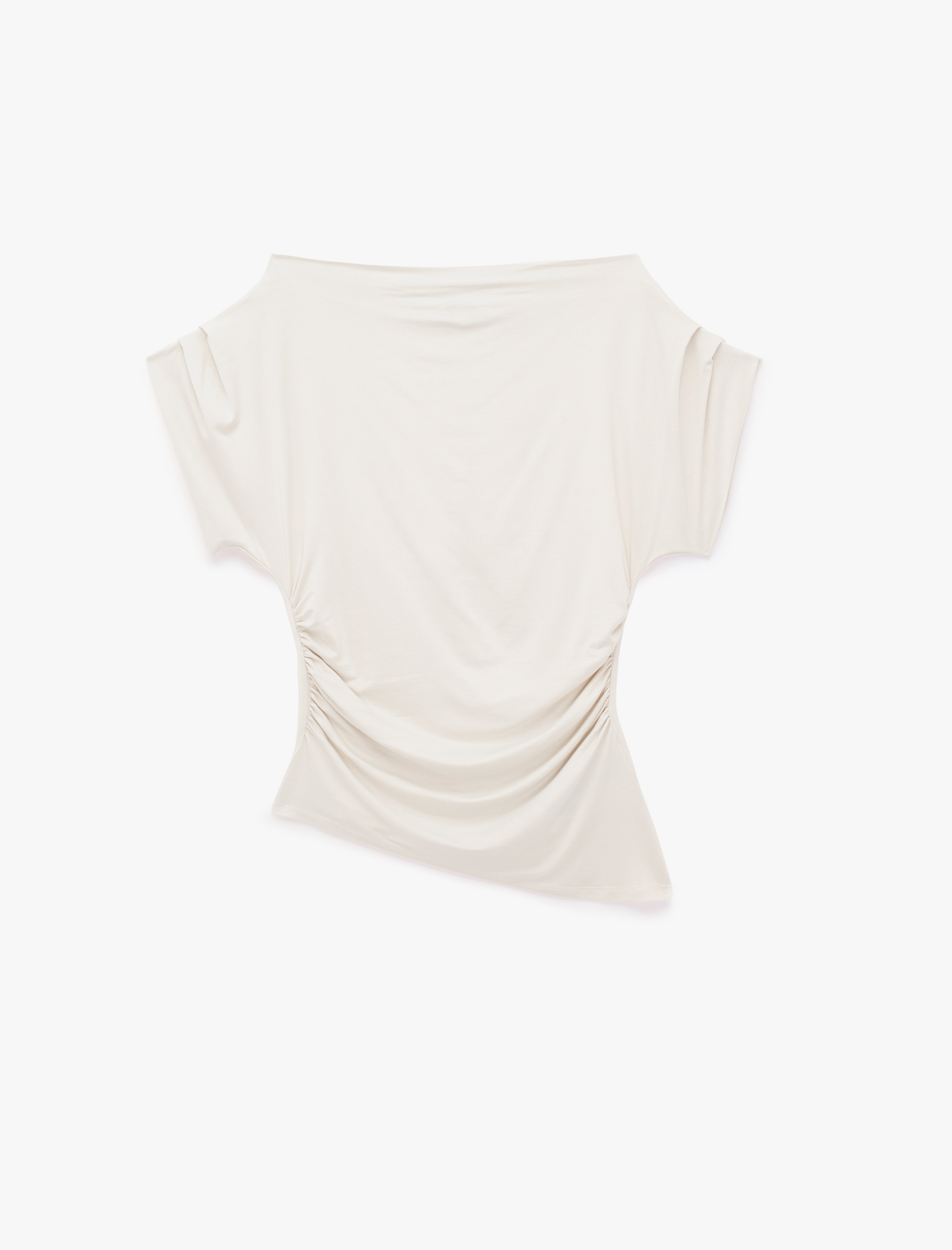   Slim Fit Asimetrik Kesim Kayık Yaka Omzu Açık Kısa Kollu Viskon Bluz