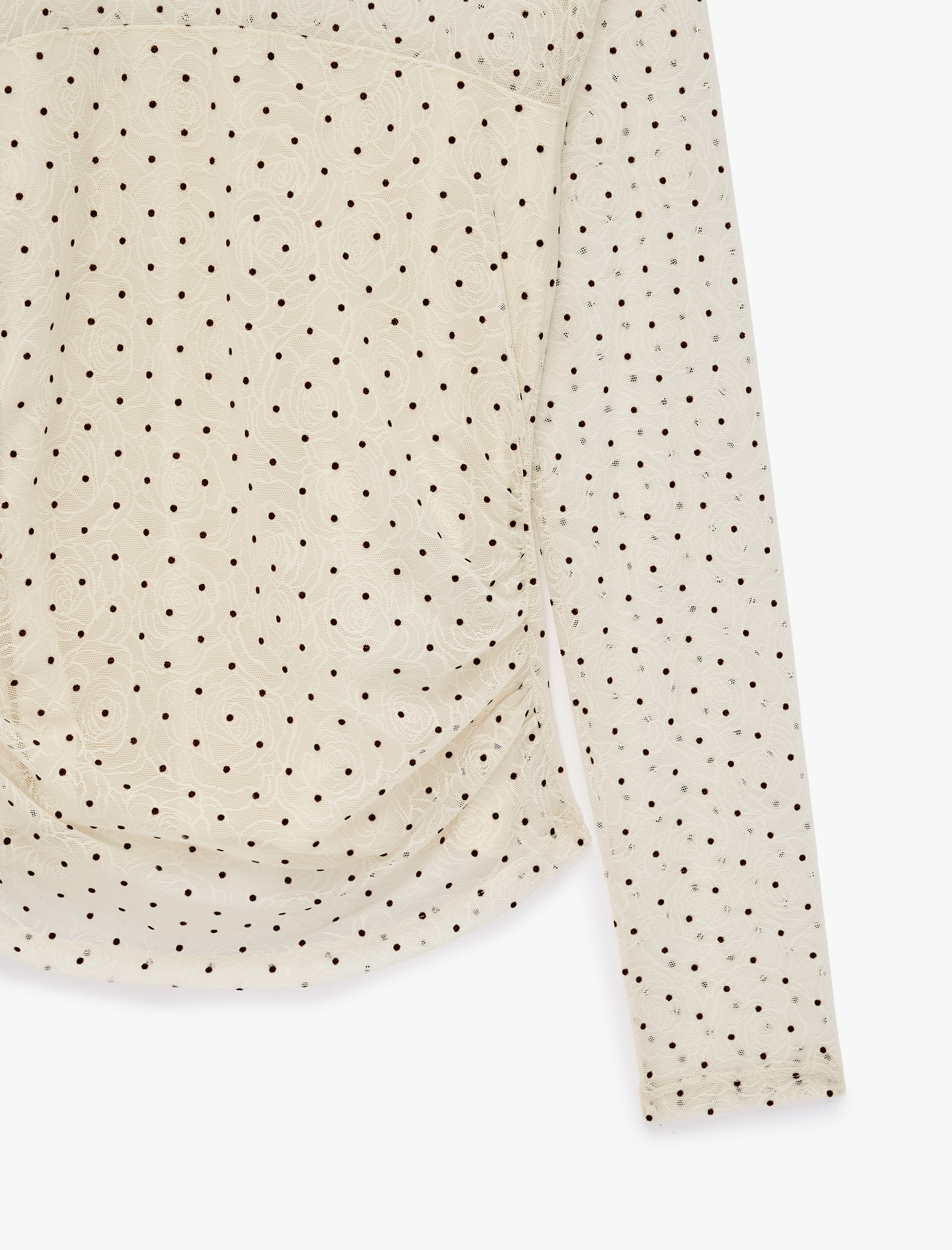   Slim Fit Uzun Kollu Drapeli Transparan Puantiyeli Dik Yaka Tül Tişört