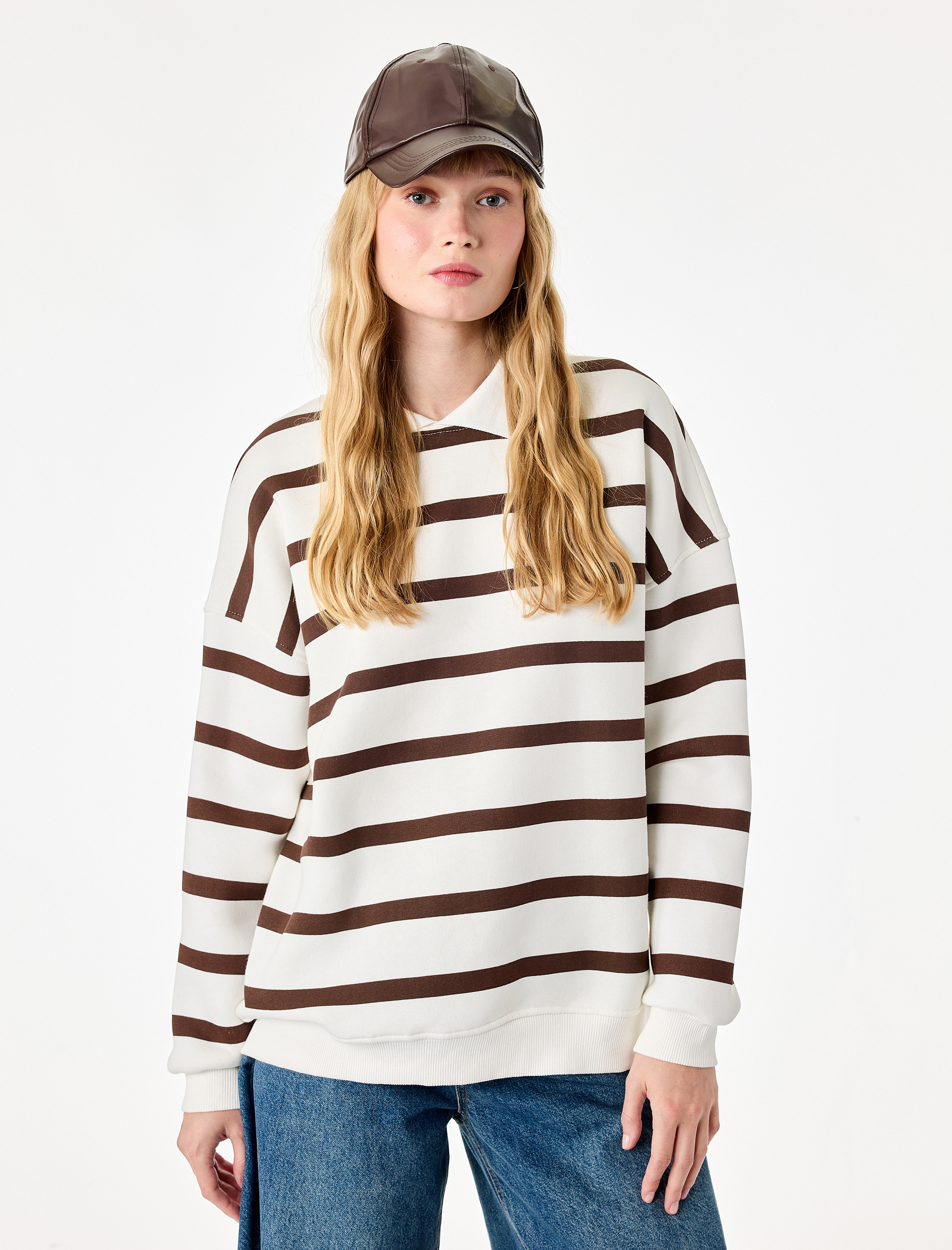   Üç İplik Şardonlu Rahat Kalıp Uzun Kollu Gömlek Yaka Çizgili Sweatshirt