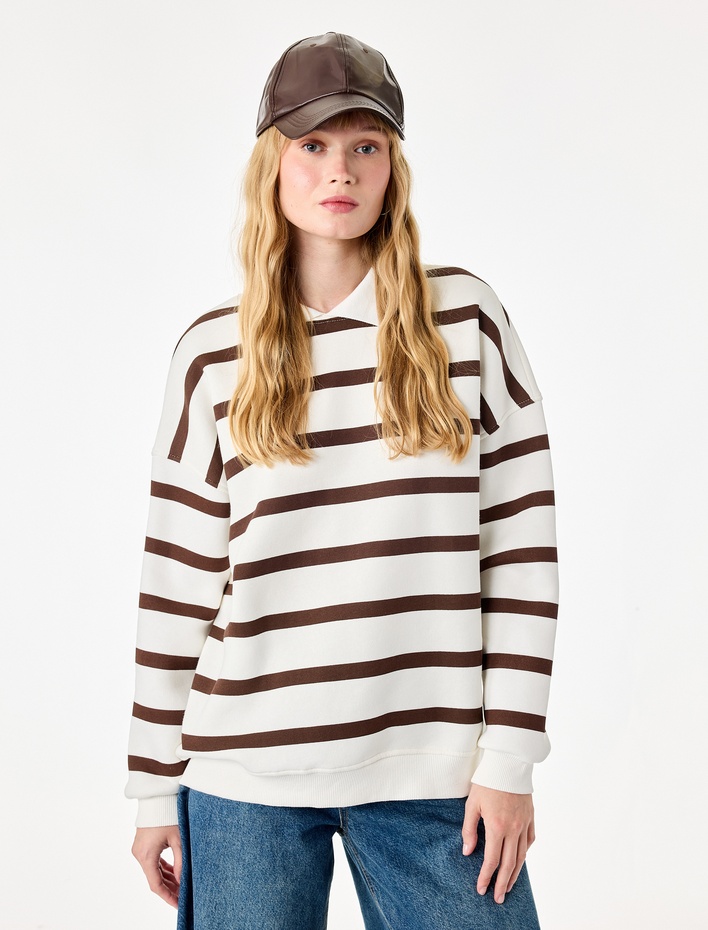  Üç İplik Şardonlu Rahat Kalıp Uzun Kollu Gömlek Yaka Çizgili Sweatshirt