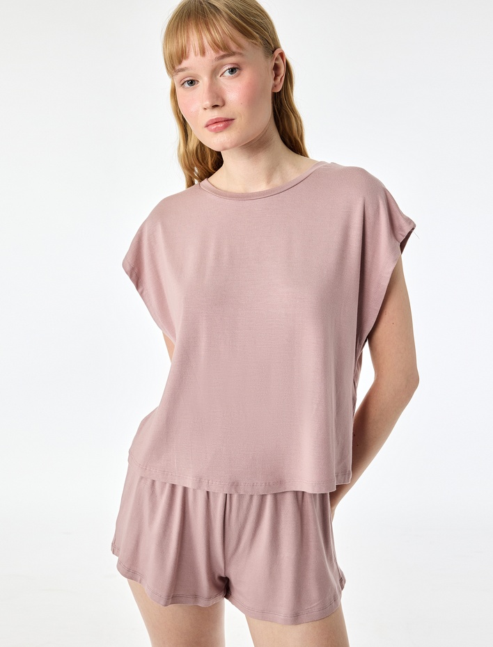  Rahat Kesim Bisiklet Yaka Kısa Kollu Modal Pijama Üstü