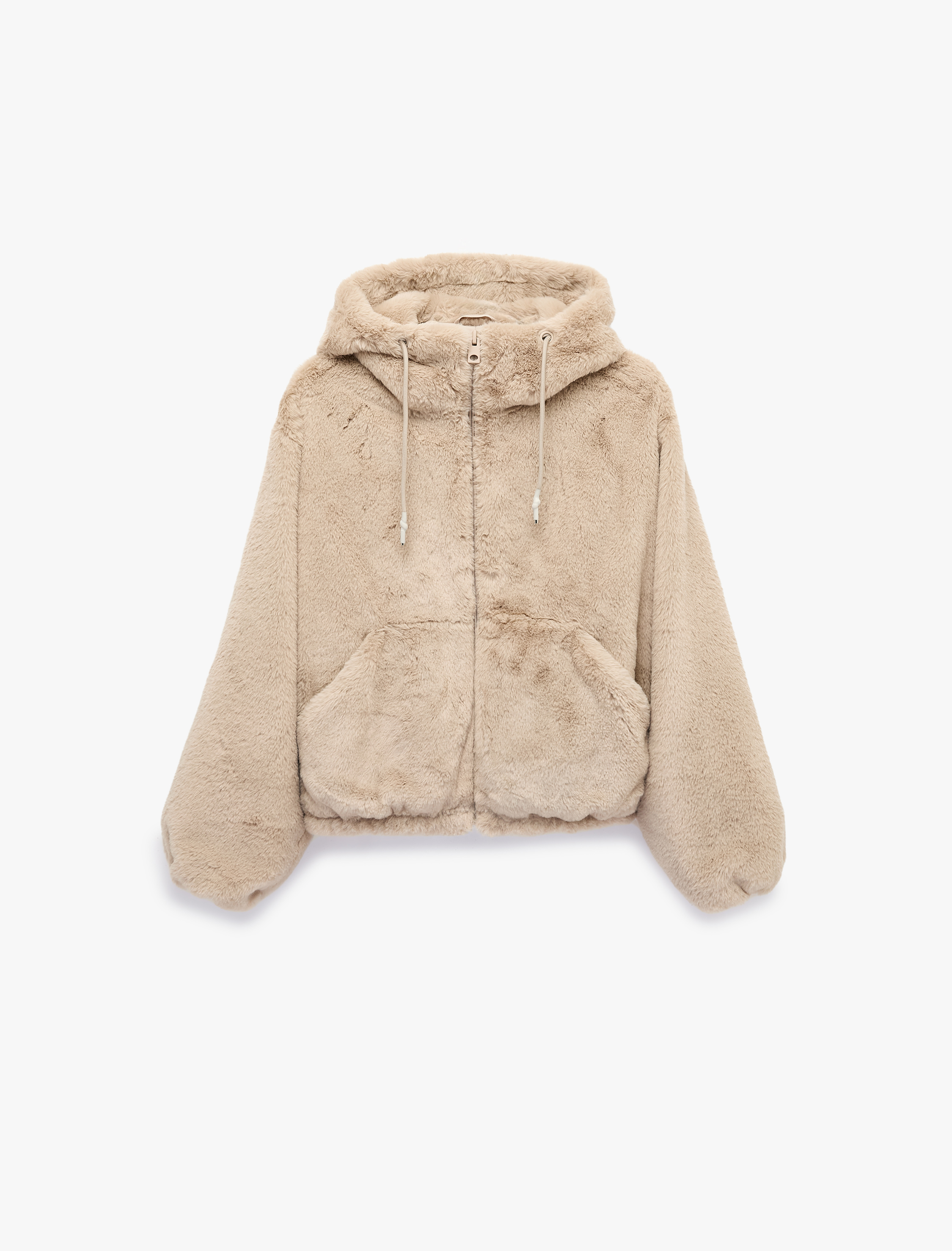   Fermuarlı Cepli Kapüşonlu Crop Peluş Ceket