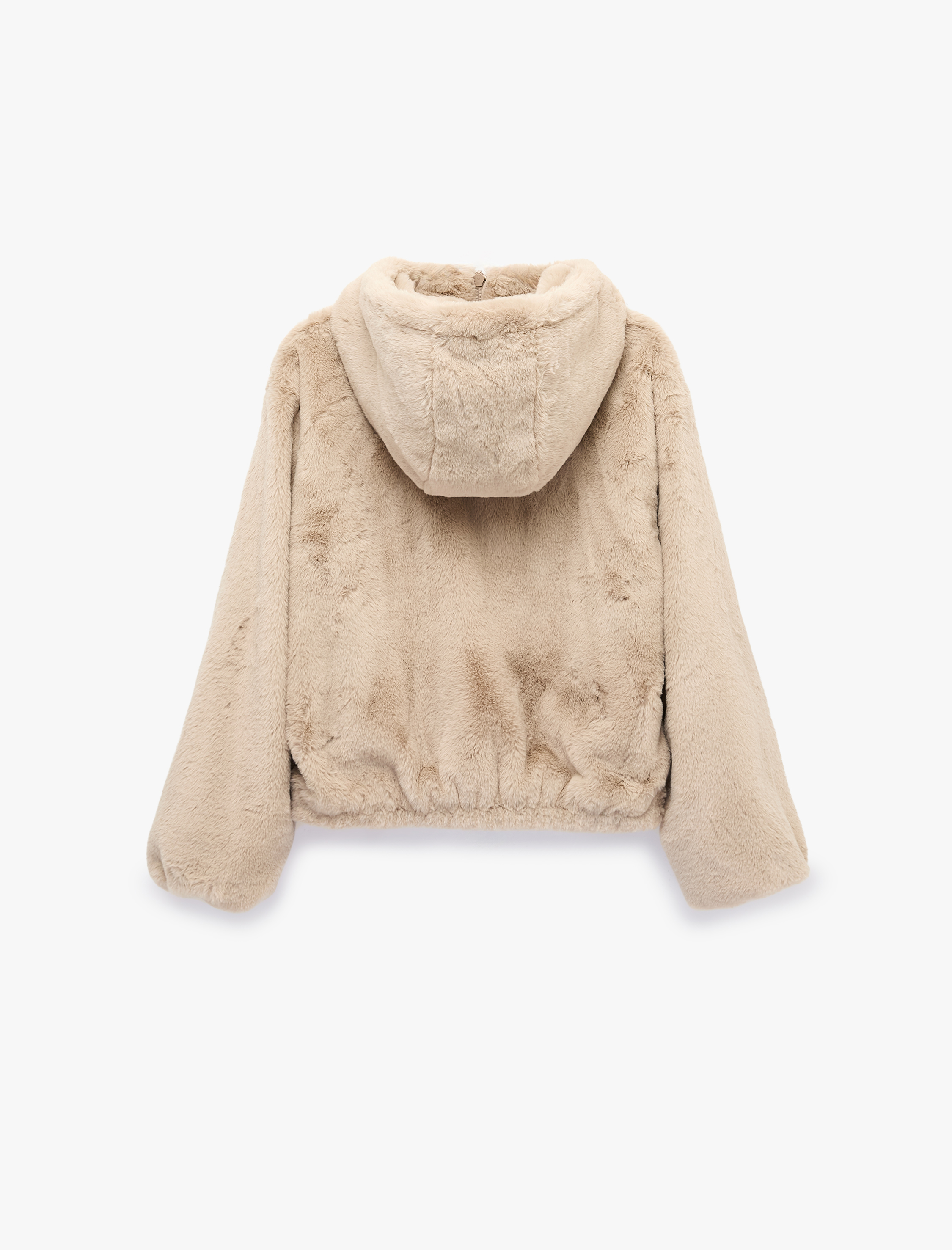   Fermuarlı Cepli Kapüşonlu Crop Peluş Ceket