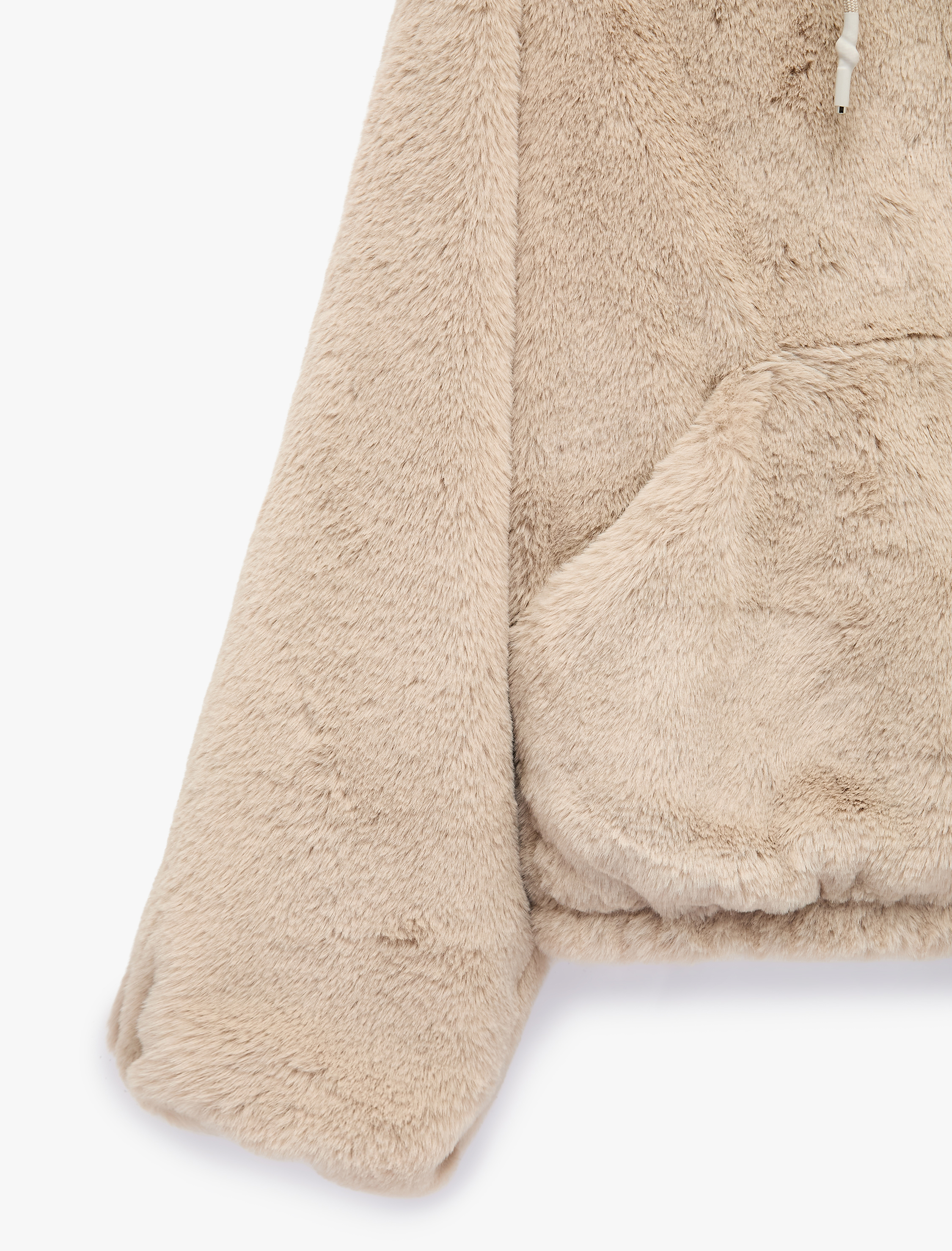   Fermuarlı Cepli Kapüşonlu Crop Peluş Ceket