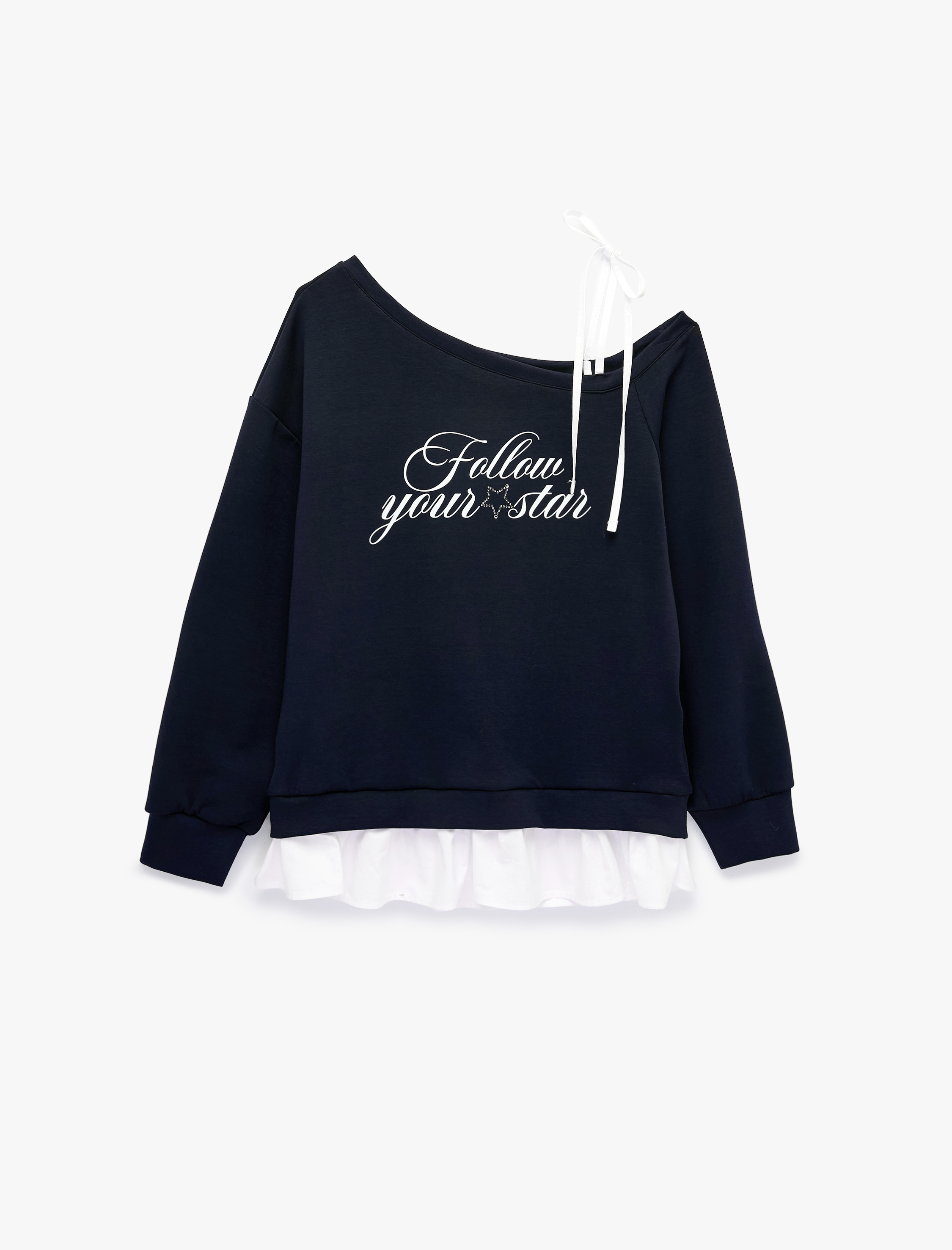   Pamuklu Asimetrik Yaka Tek Askılı Baskılı Uzun Kollu Sweatshirt