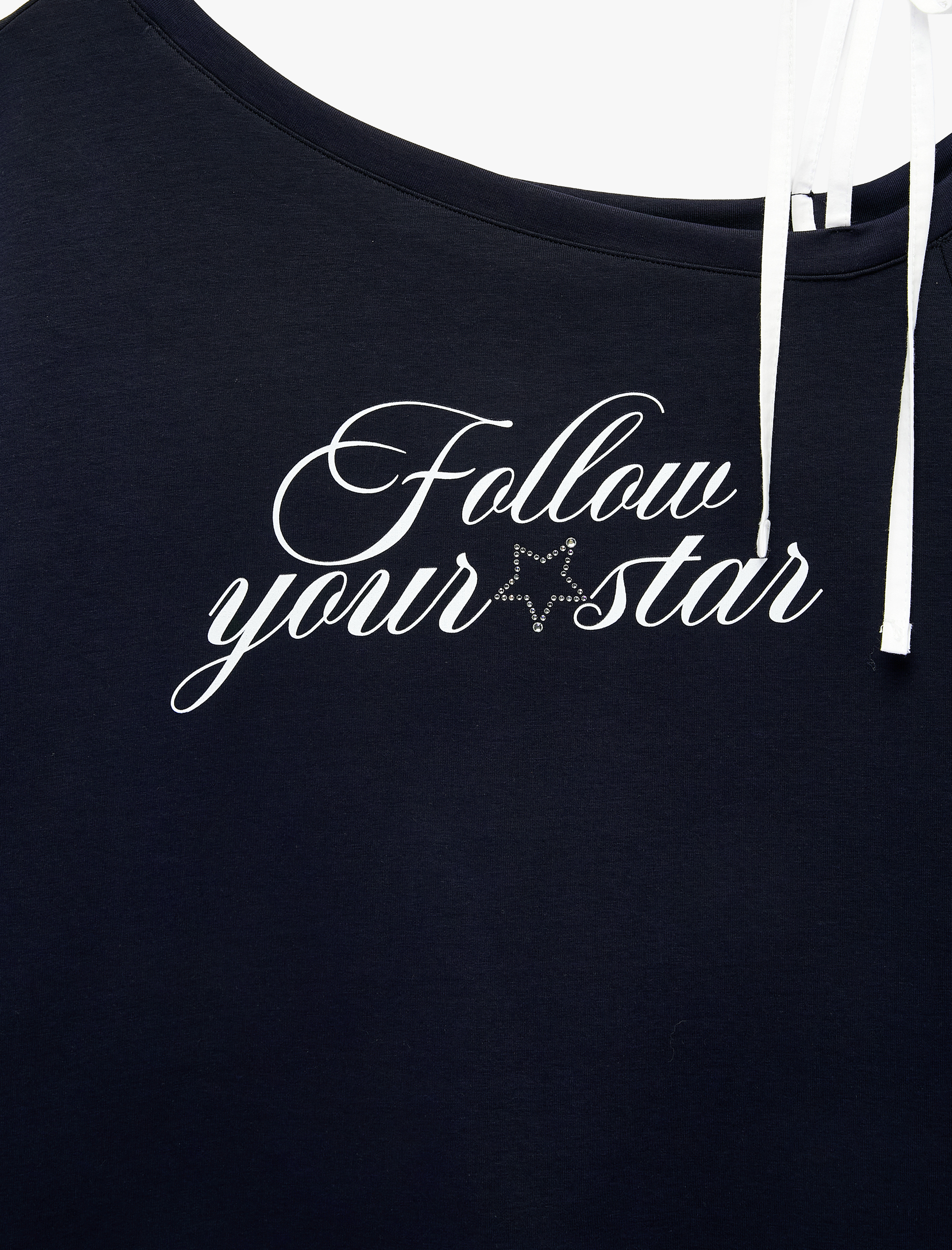   Pamuklu Asimetrik Yaka Tek Askılı Baskılı Uzun Kollu Sweatshirt