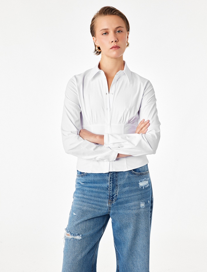  Slim Fit Uzun Kollu Korse Detaylı Poplin Gömlek