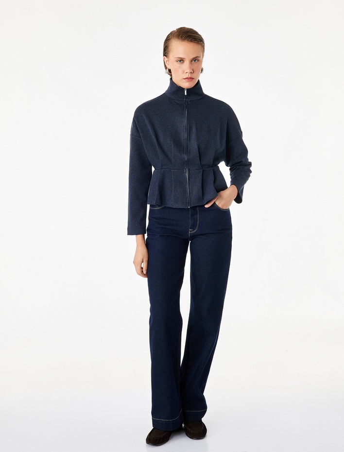  Slim Fit Uzun Kollu Fermuarlı Pileli Dik Yaka Ceket