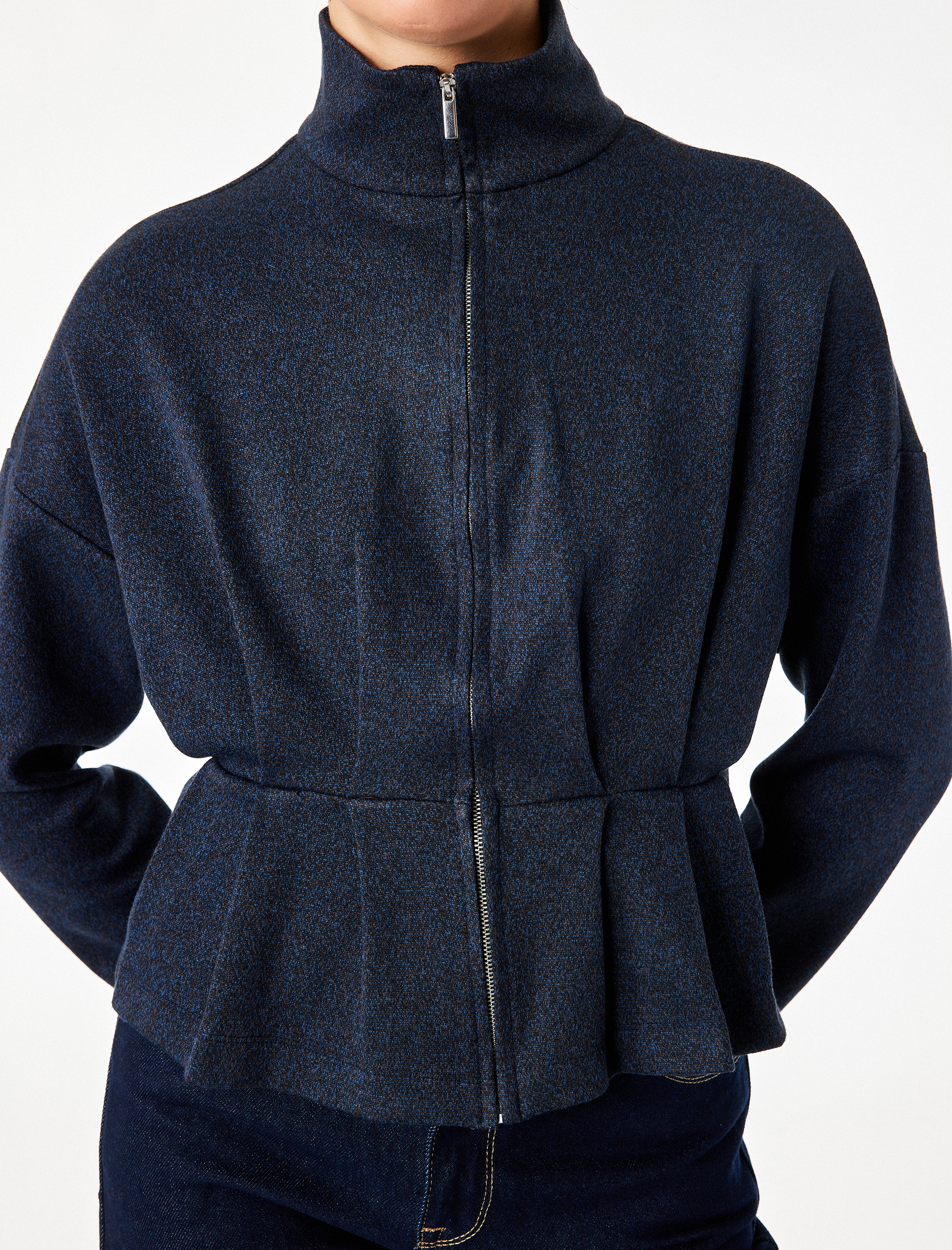   Slim Fit Uzun Kollu Fermuarlı Pileli Dik Yaka Ceket