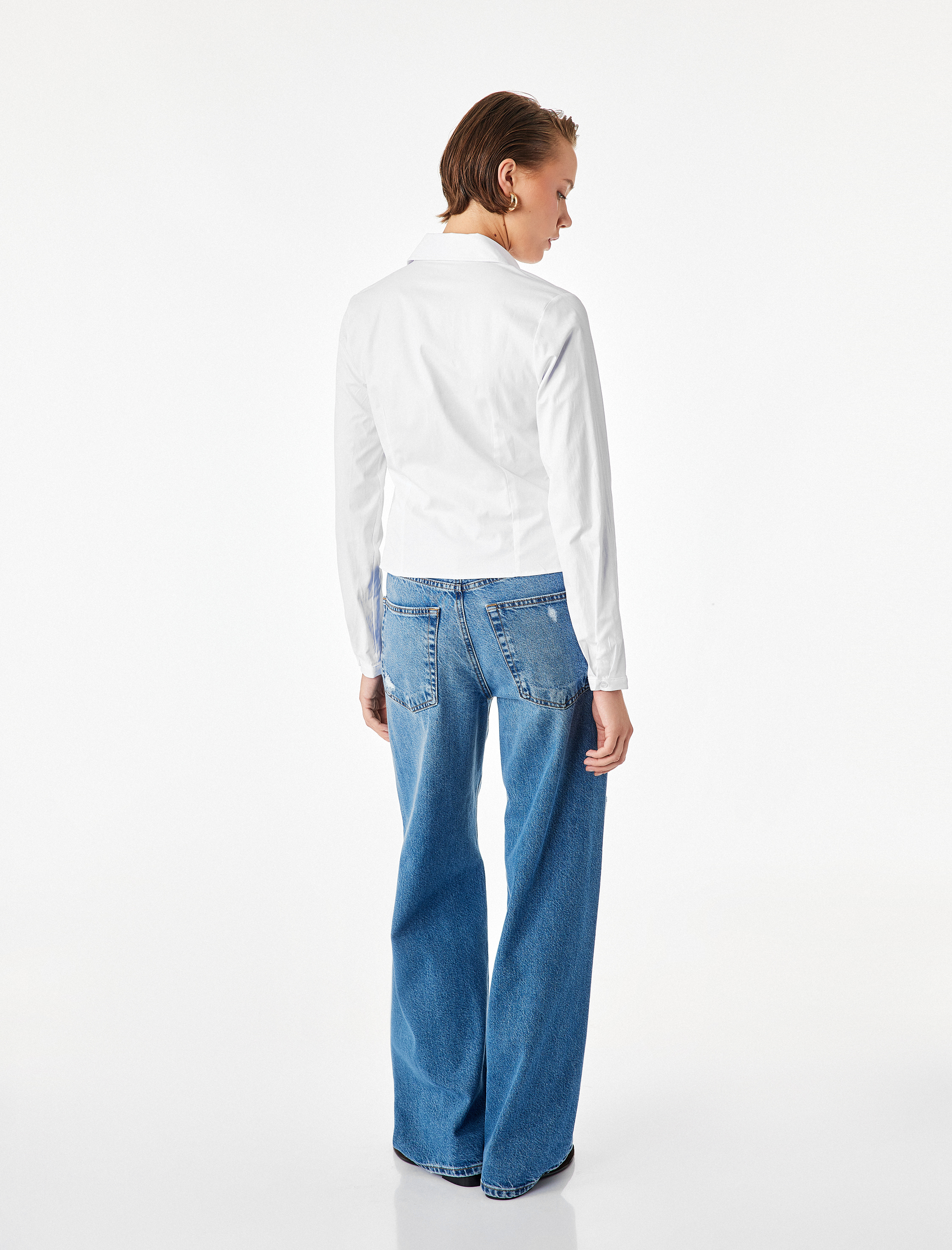   Slim Fit Uzun Kollu Korse Detaylı Poplin Gömlek