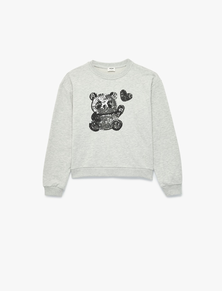 Kız Çocuk Uzun Kollu Bisiklet Yaka Panda Baskılı Pullu Payetli Sweatshirt
