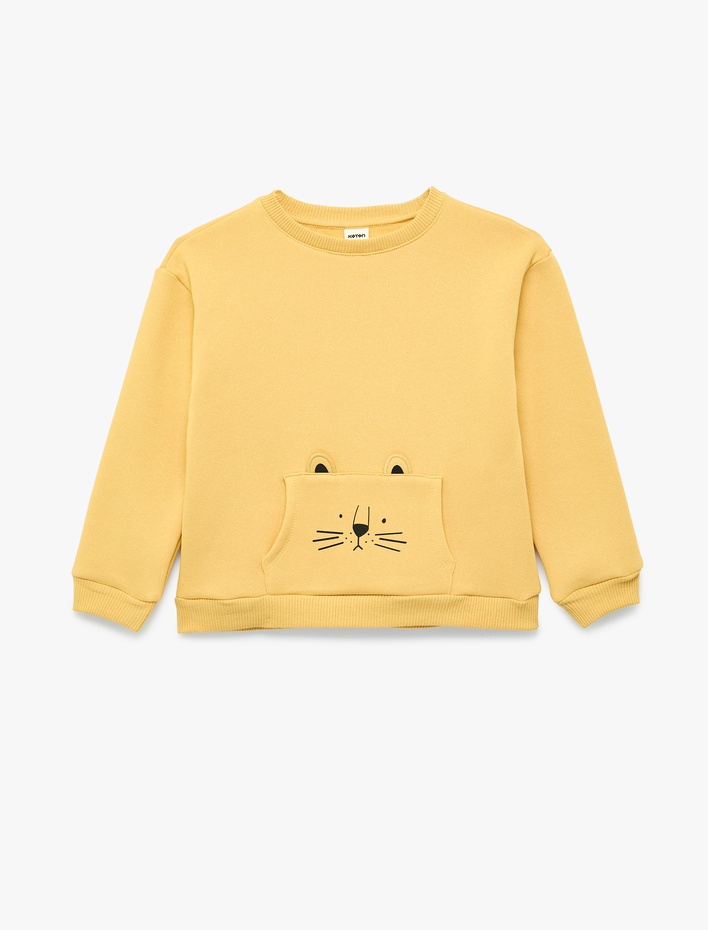 Erkek Bebek Kedi Baskılı Kanguru Cepli Uzun Kollu Şardonlu Sweatshirt