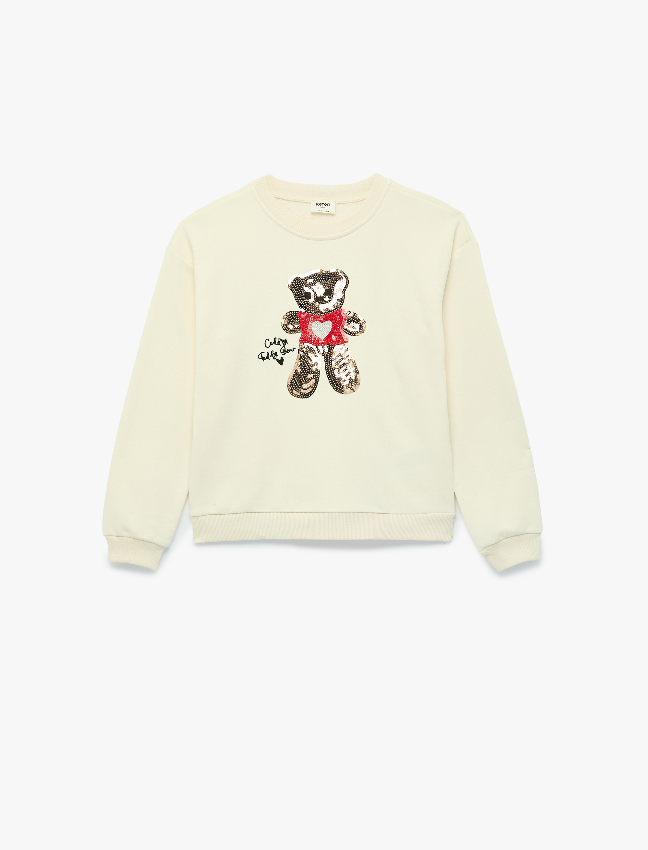  Kız Çocuk Uzun Kollu Bisiklet Yaka Ayıcık Baskılı Pullu Payetli Sweatshirt