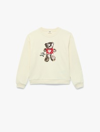 Uzun Kollu Bisiklet Yaka Ayıcık Baskılı Pullu Payetli Sweatshirt