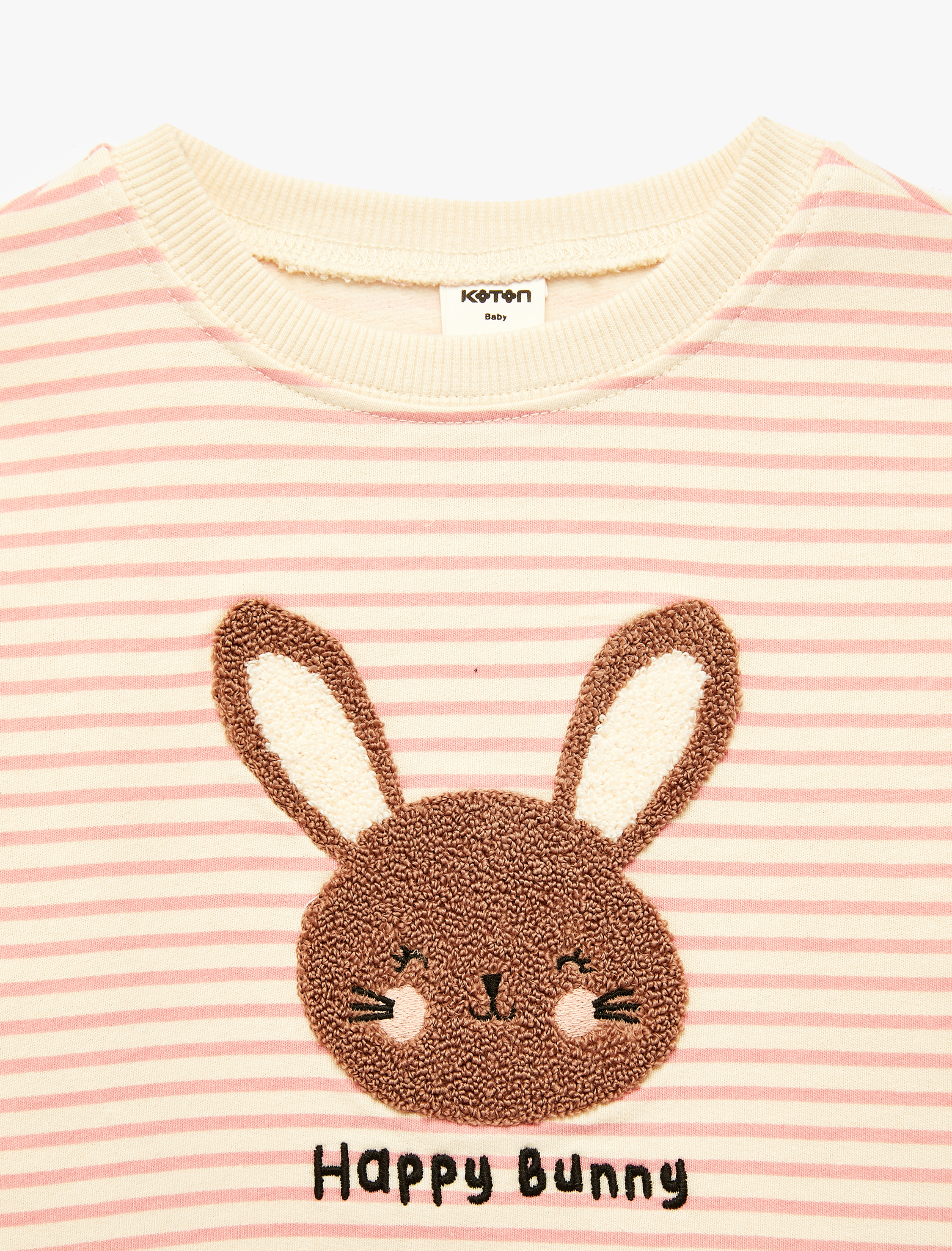  Kız Bebek Uzun Kollu Bisiklet Yaka Tavşan Nakış Detaylı Şardonlu Çizgili Sweatshirt