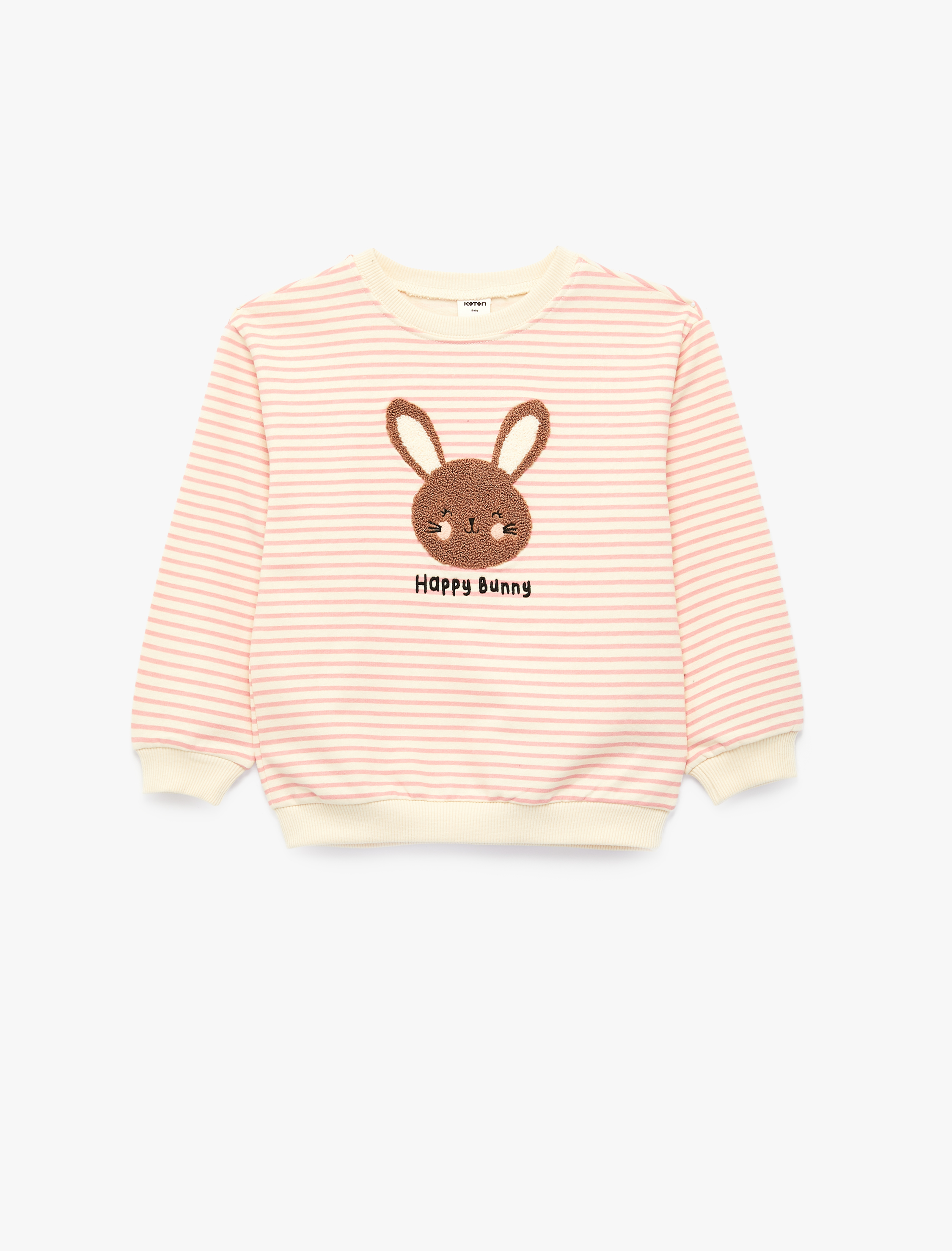  Kız Bebek Uzun Kollu Bisiklet Yaka Tavşan Nakış Detaylı Şardonlu Çizgili Sweatshirt