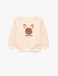 Uzun Kollu Bisiklet Yaka Tavşan Nakış Detaylı Şardonlu Çizgili Sweatshirt
