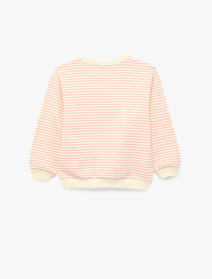 Kız Bebek Uzun Kollu Bisiklet Yaka Tavşan Nakış Detaylı Şardonlu Çizgili Sweatshirt