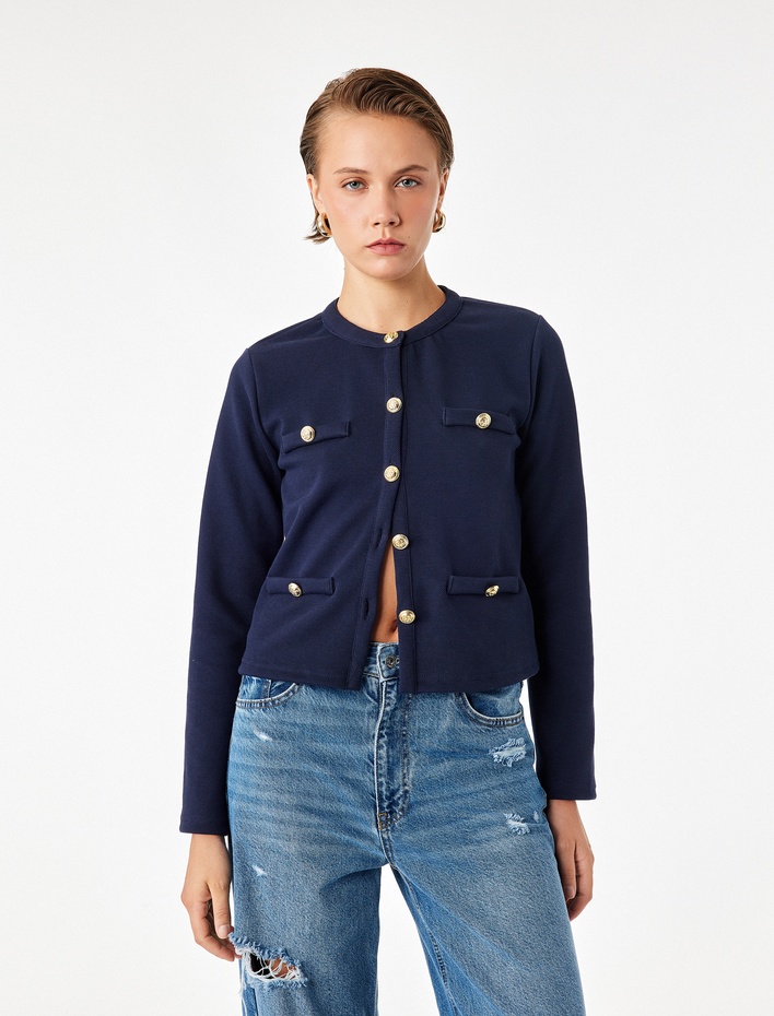  Pike Kumaş Aplike Detaylı Süslü Düğmeli Uzun Kollu Bisiklet Yaka Hırka