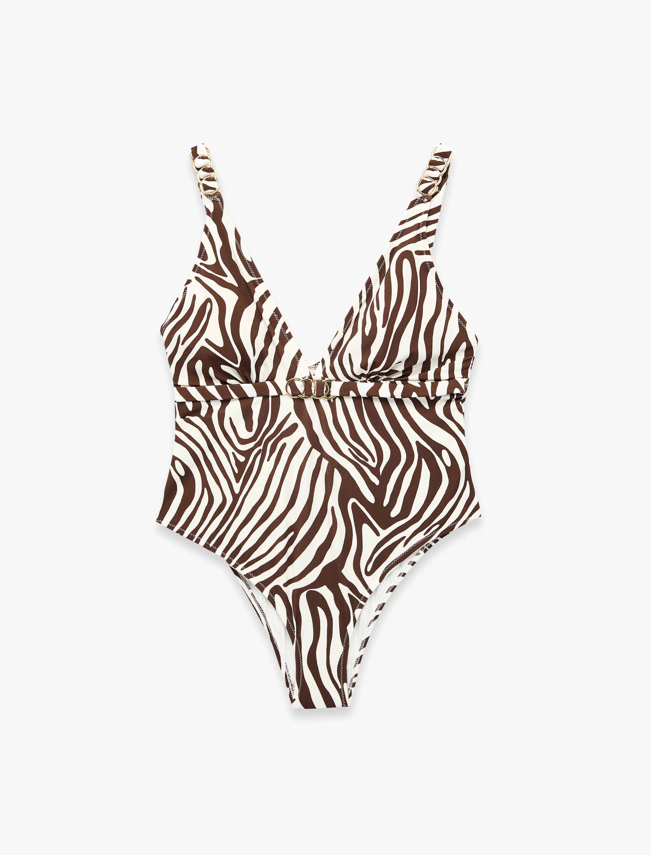  V Yaka Metal Aksesuarlı Zebra Desenli Mayo