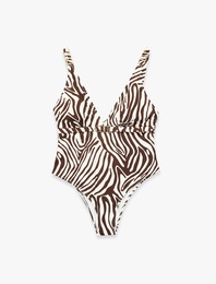 V Yaka Metal Aksesuarlı Zebra Desenli Mayo