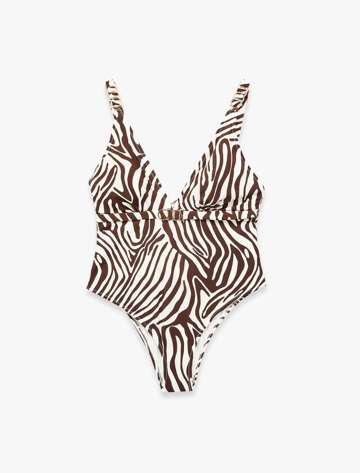  V Yaka Metal Aksesuarlı Zebra Desenli Mayo
