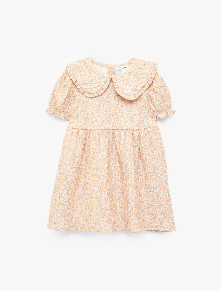 Kız Bebek Pamuklu Uzun Kollu Fırfırlı Çiçekli Bebe Yaka Elbise